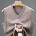 Men's Sleeveless V-Neck Sweater Vest with Ribbed Knit Trim in Taupe, front view on a hanger