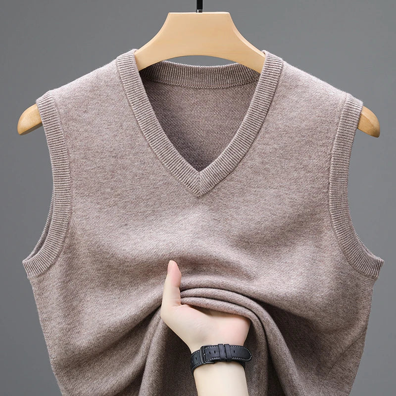 Men's Sleeveless V-Neck Sweater Vest with Ribbed Knit Trim in Taupe, front view on a hanger