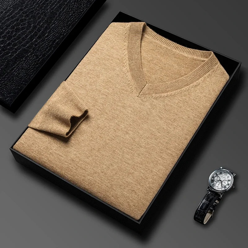 Men's Classic V-Neck Pullover Sweater with Ribbed Trim in Camel, folded in a gift box