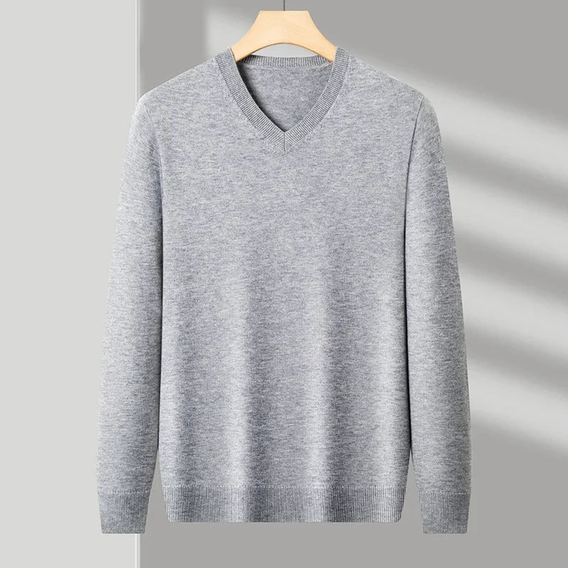 Men's Classic V-Neck Pullover Sweater with Ribbed Trim in Gray, front view on a hanger