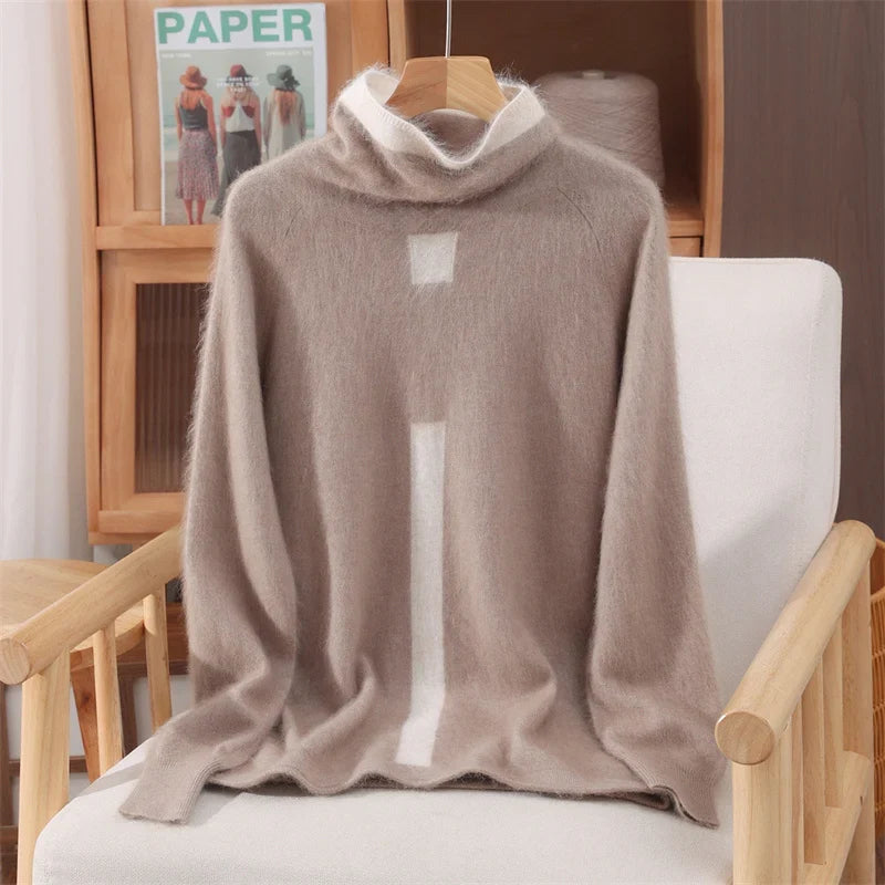 Women's Fuzzy Knit Turtleneck Sweater with Contrast Stripe Detail in Camel, front view on a hanger