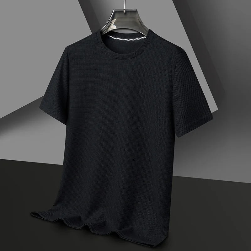 Men's Waffle Knit Crewneck T-Shirt with Short Sleeves in Black, front view on a hanger