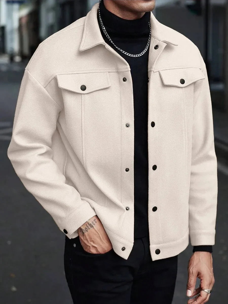 Men's white button-up trucker jacket with chest flap pockets
