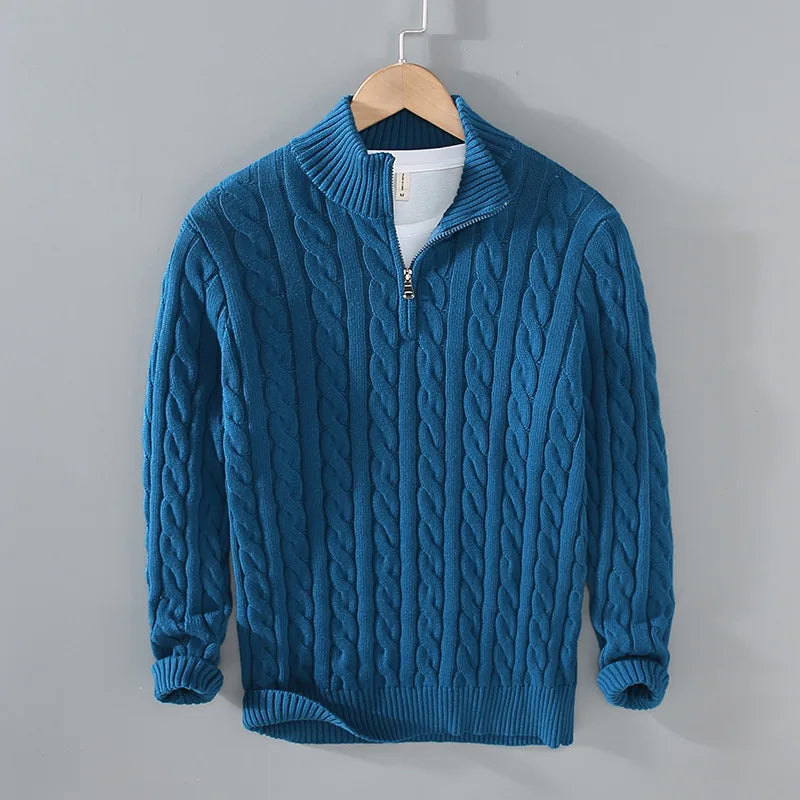 Men's cable knit half-zip sweater in navy blue with ribbed stand collar