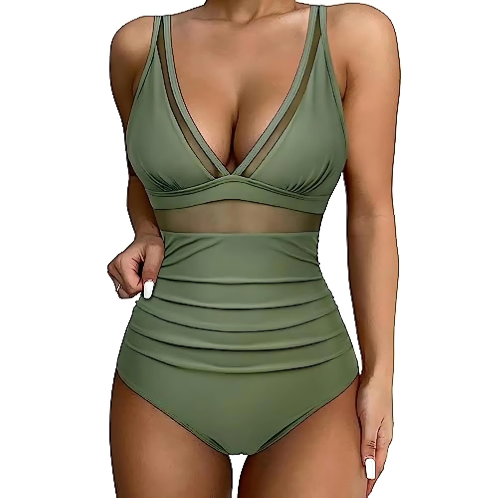 Women's One-Piece Swimsuit with V-Neck and Mesh Insert