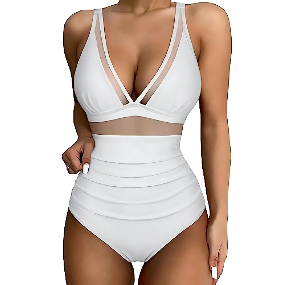 Women's One-Piece Swimsuit with V-Neck and Mesh Insert