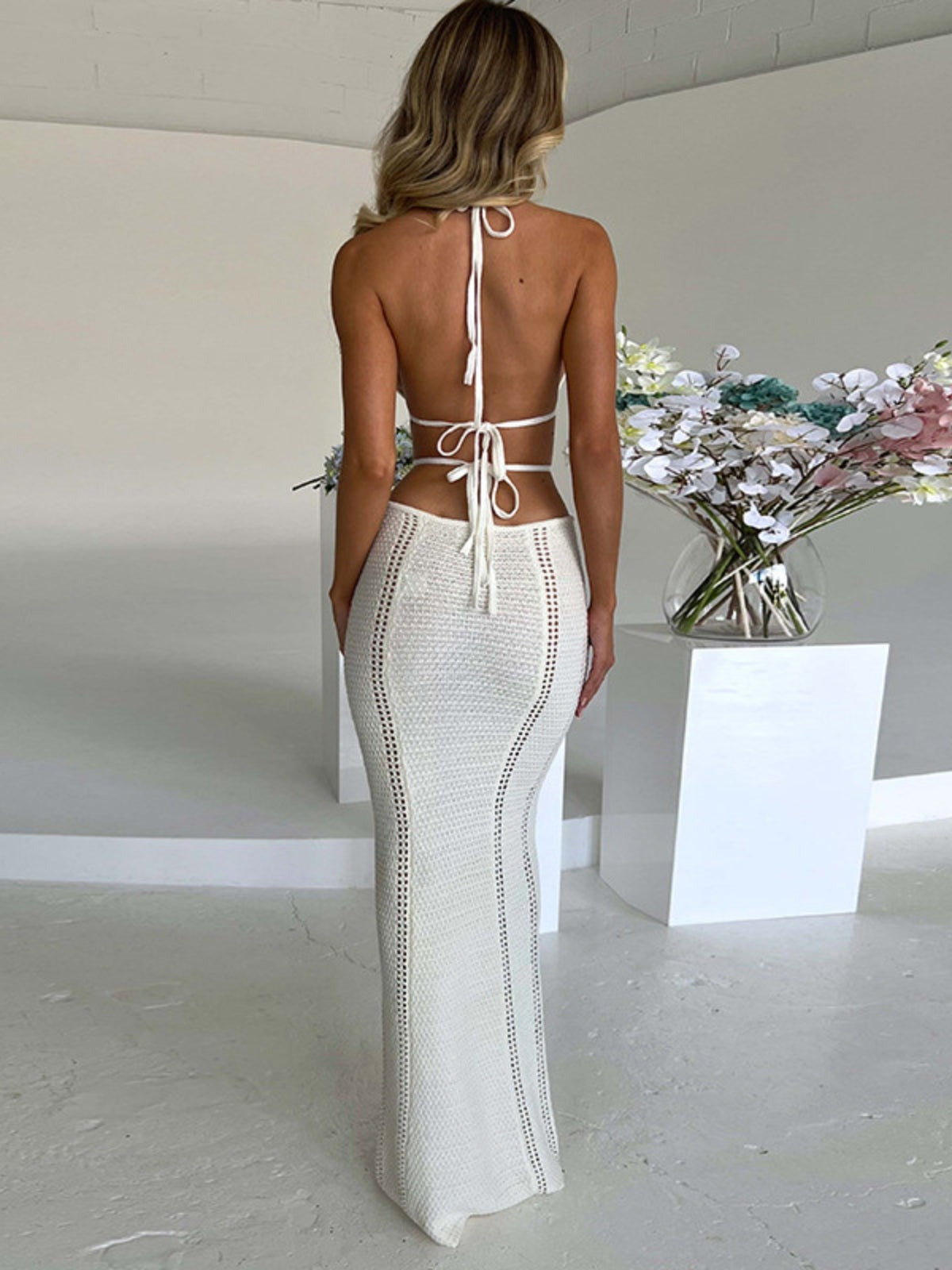 Women's Crochet Maxi Dress with Cut-Outs and Open Back