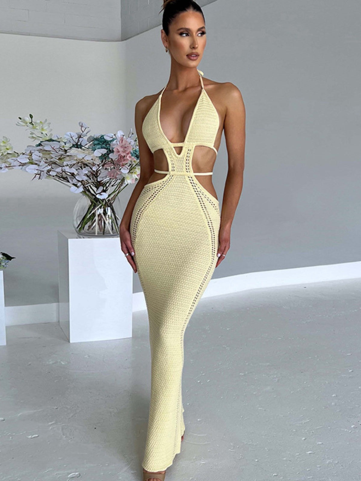 Women's Crochet Maxi Dress with Cut-Outs and Open Back