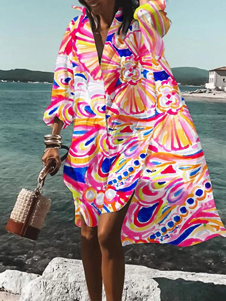 Women's Printed Long Sleeve Loose Fit Midi Shirt Dress in Blue Pink, on model