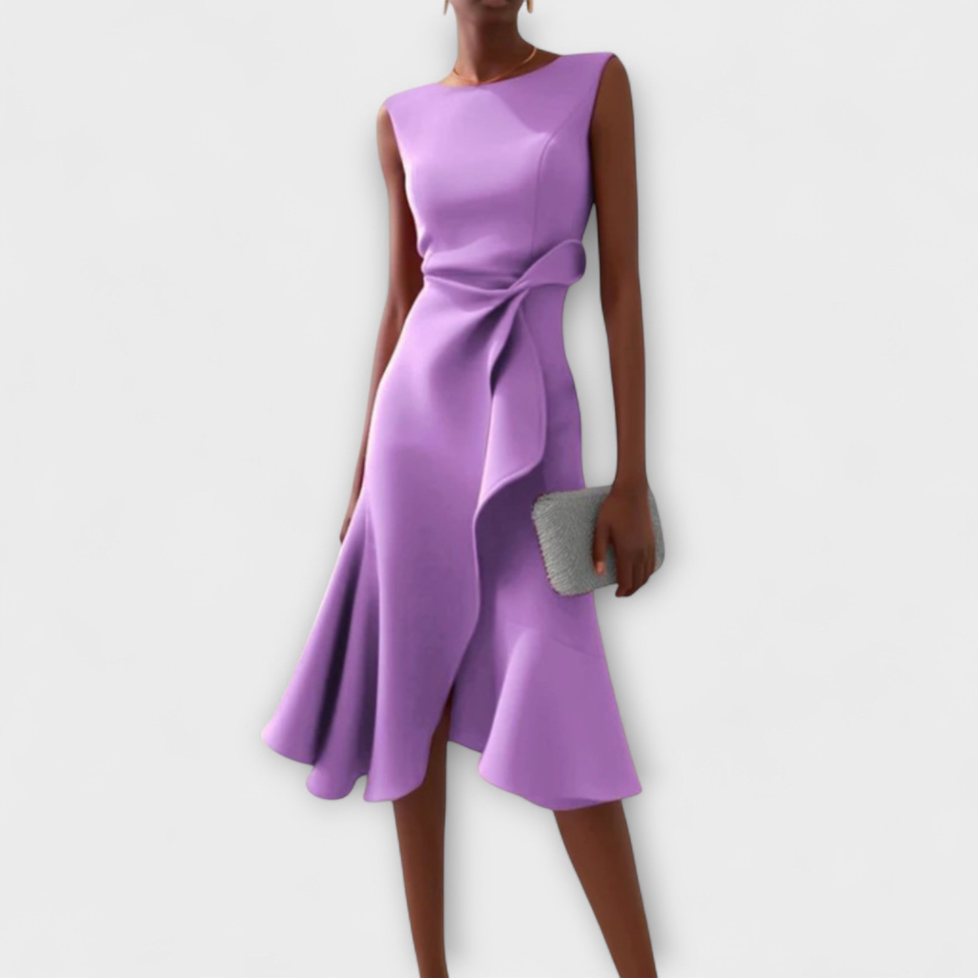 Women's sleeveless violet midi dress with twist-knot waist and flounce hem