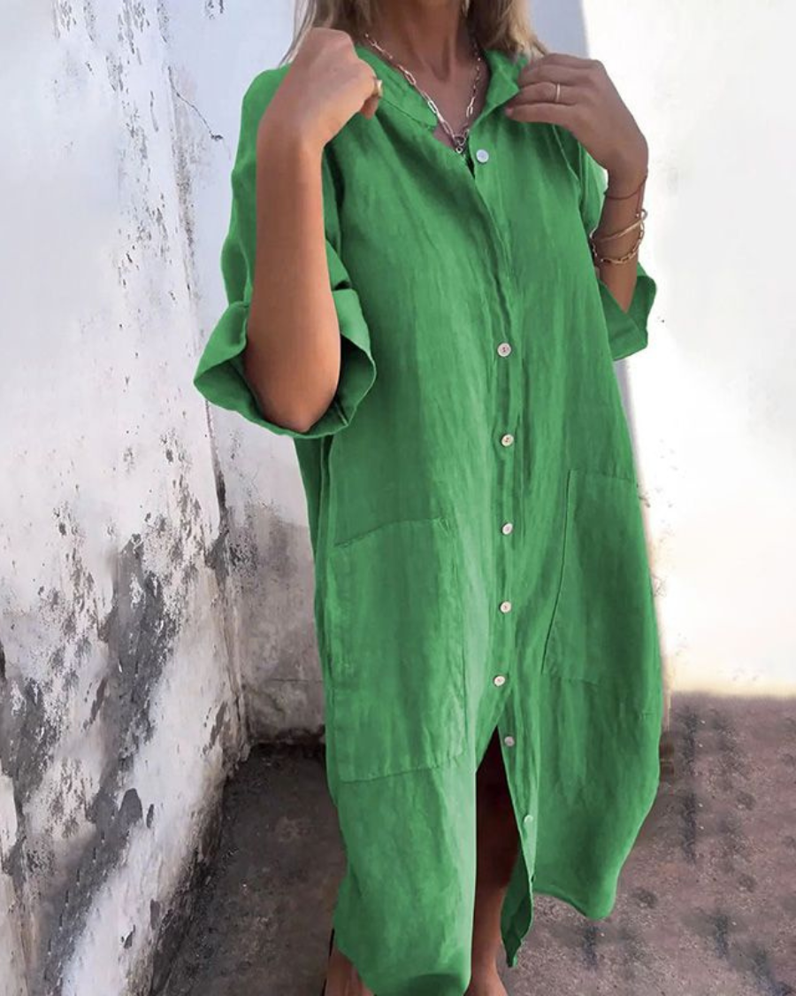 Women's oversized button-front midi shirt dress in green