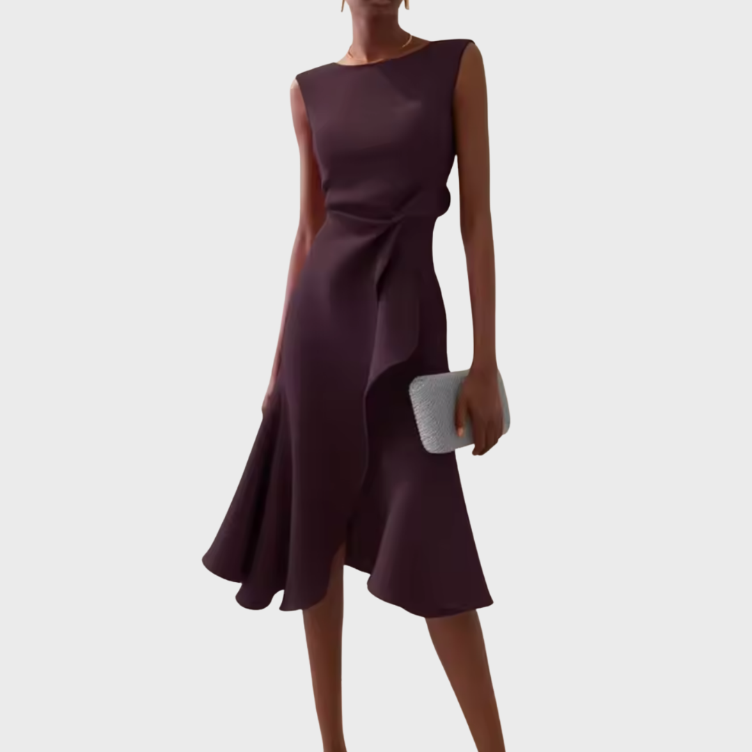 Women's sleeveless dark purple midi dress with twist-front waist