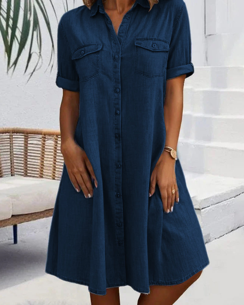 Women's dark blue denim shirt dress with button front