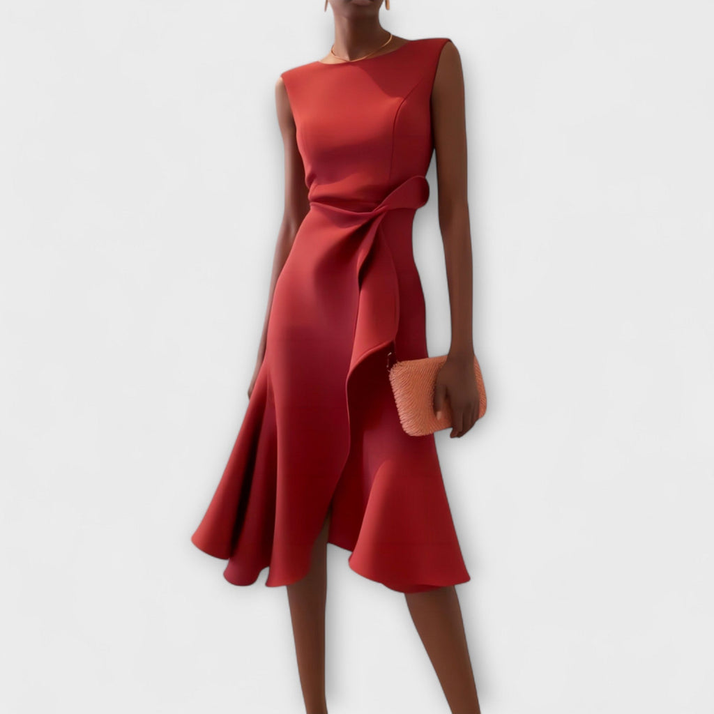 Women's sleeveless red midi dress with twist-front waist and flounced hem