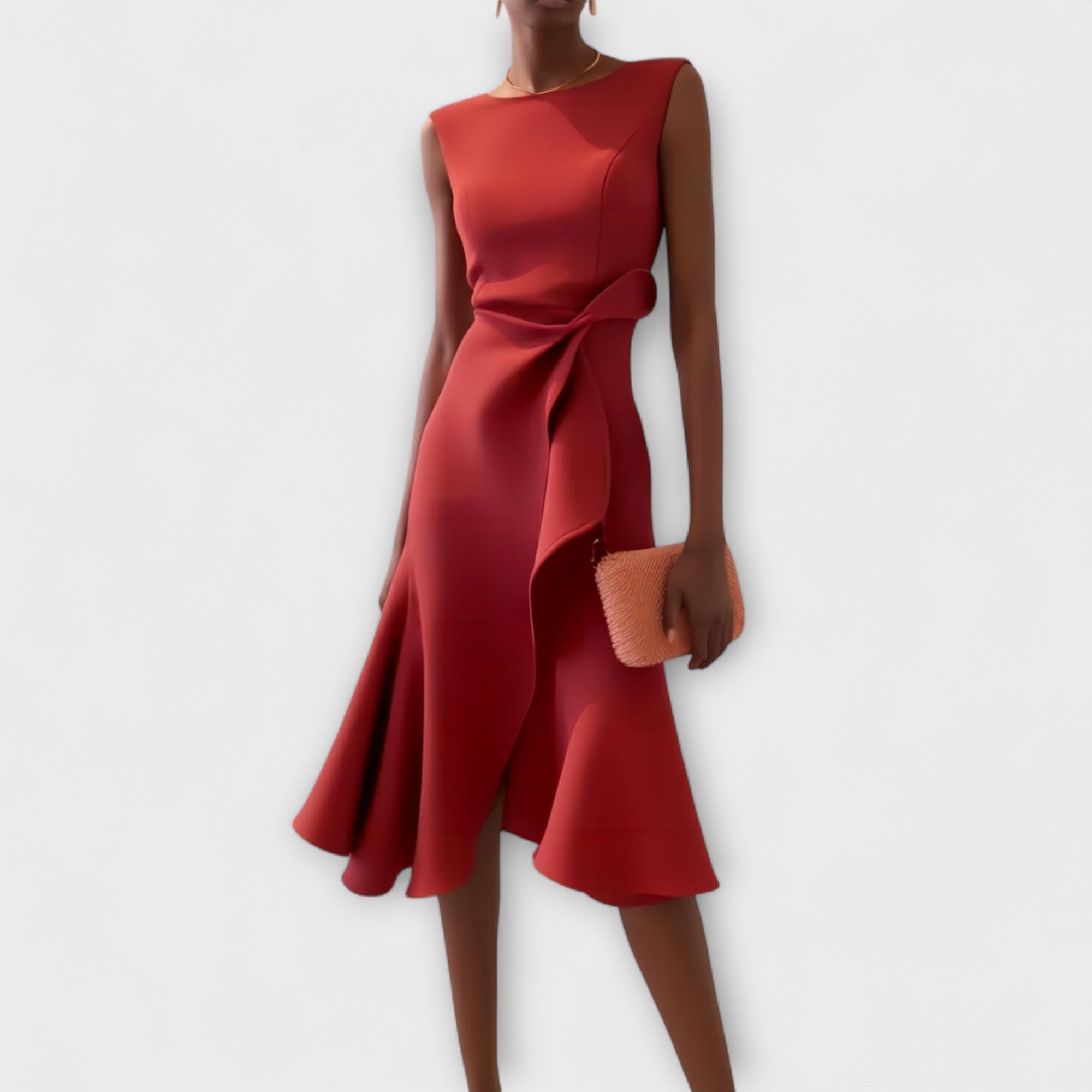 Women's sleeveless red midi dress with twist-front waist and flounced hem