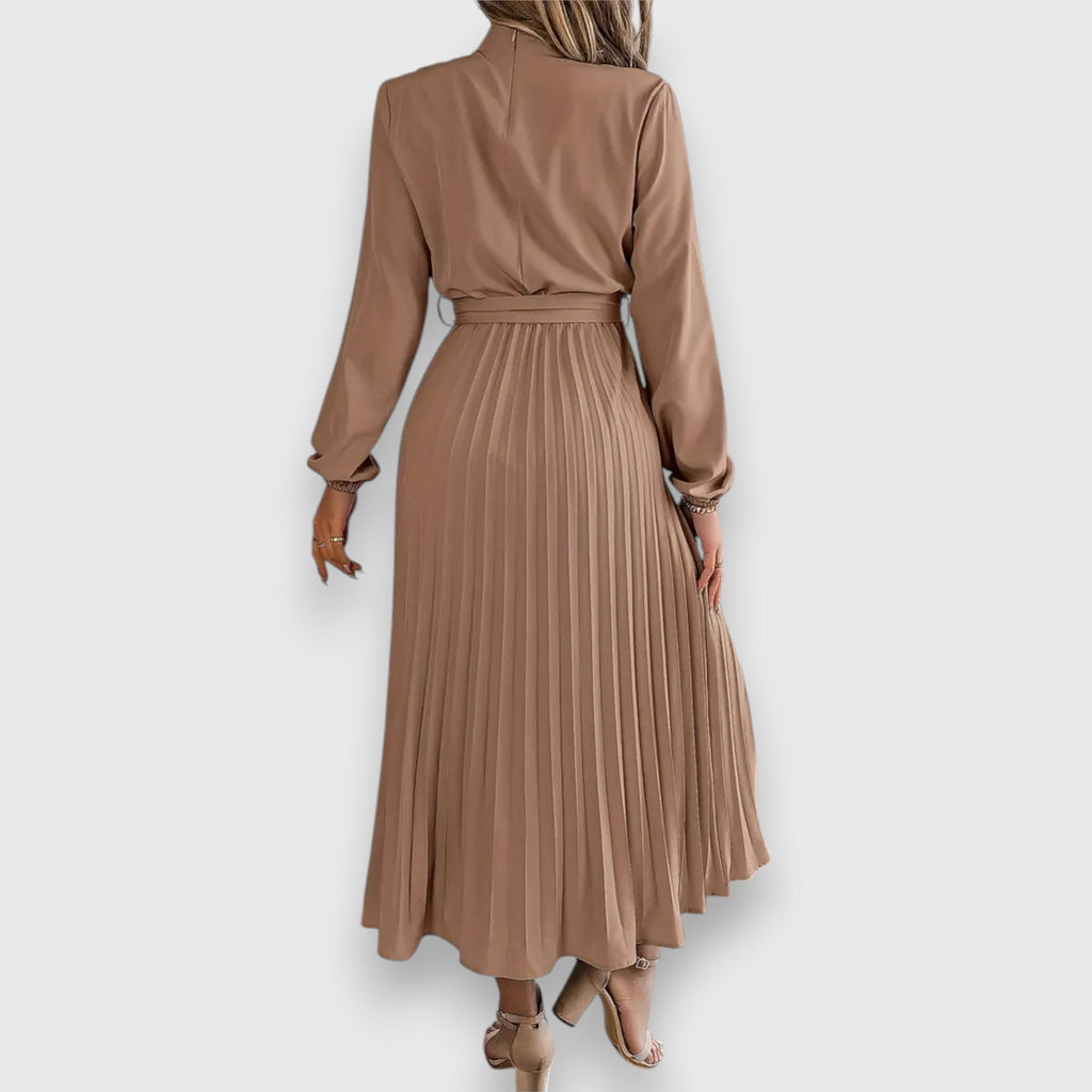 Women's Mock Neck Pleated Midi Dress with Tie Belt, on model, detail view