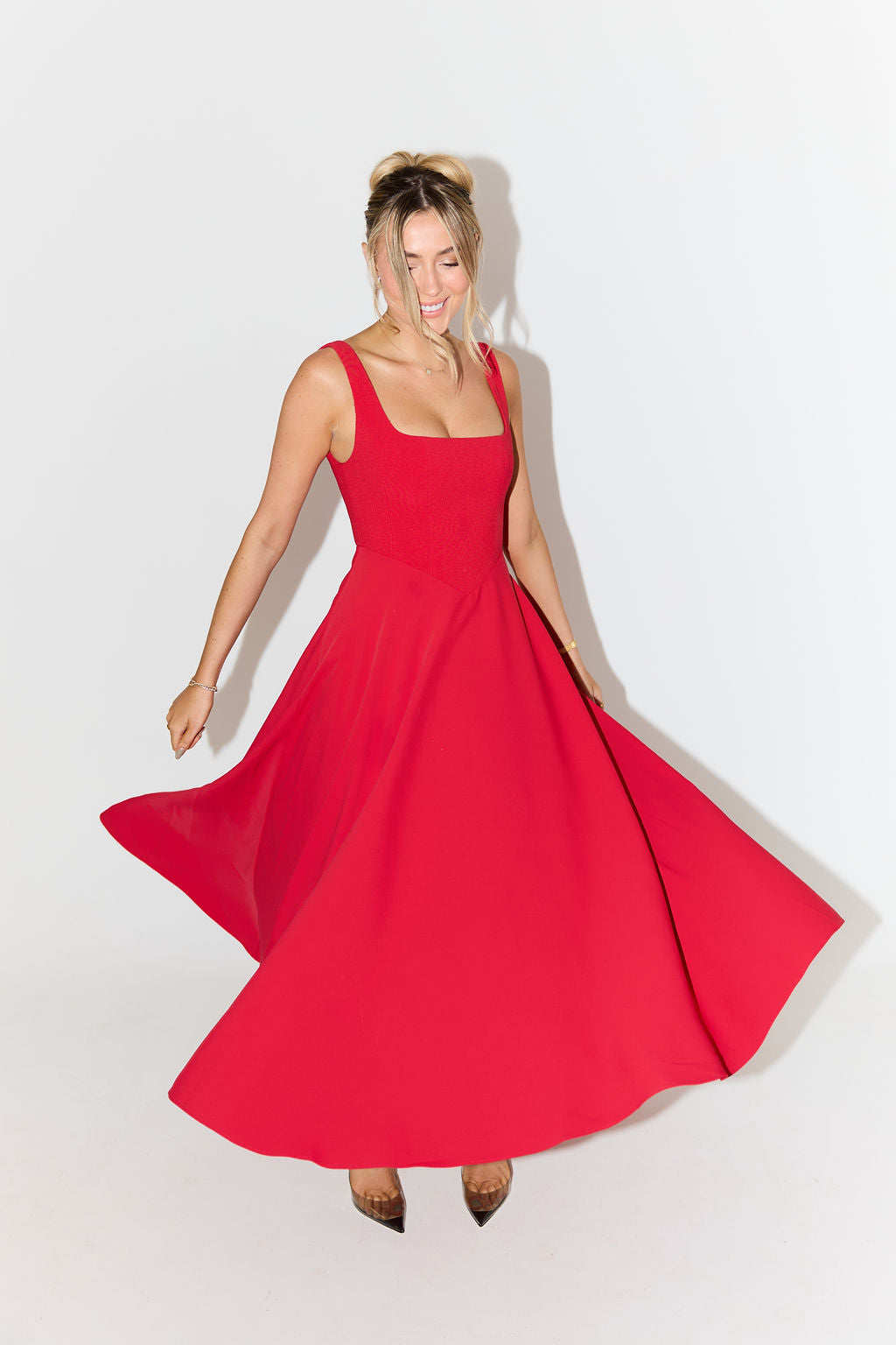 Women's Square Neck Sleeveless Fit and Flare Midi Dress, styled on model