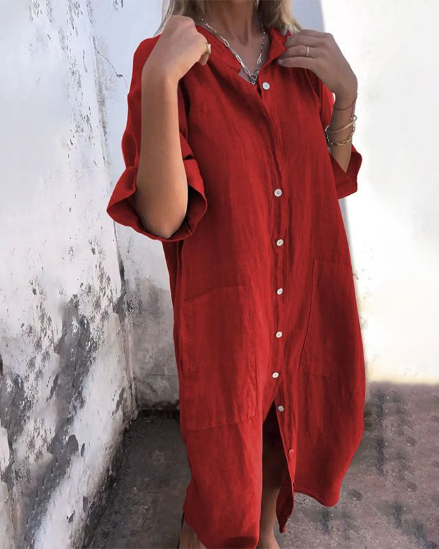 Women's oversized button-front midi shirt dress in red