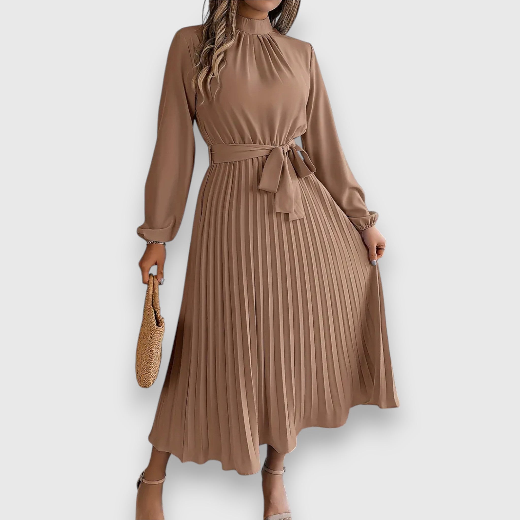 Women's Mock Neck Pleated Midi Dress with Tie Belt in Beige, on model