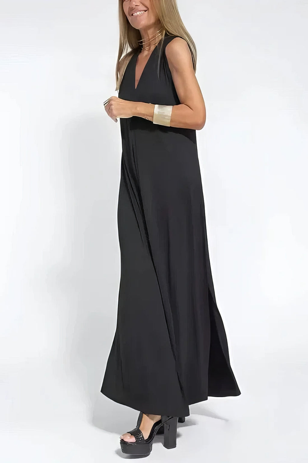 Women's Sleeveless Draped V-Neck Flowy Maxi Dress, styled on model, full length