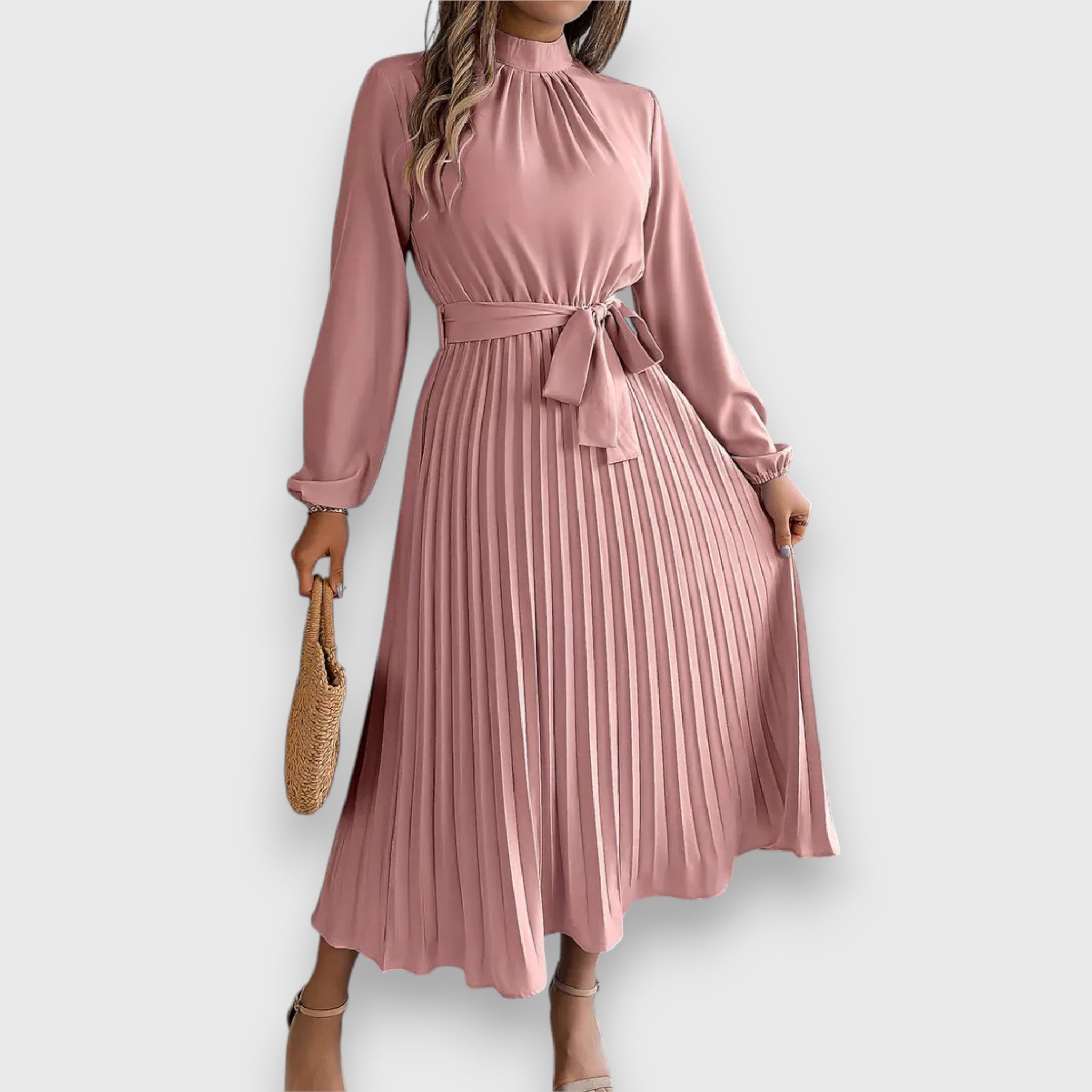 Women's Mock Neck Pleated Midi Dress with Tie Belt in Pink, on model