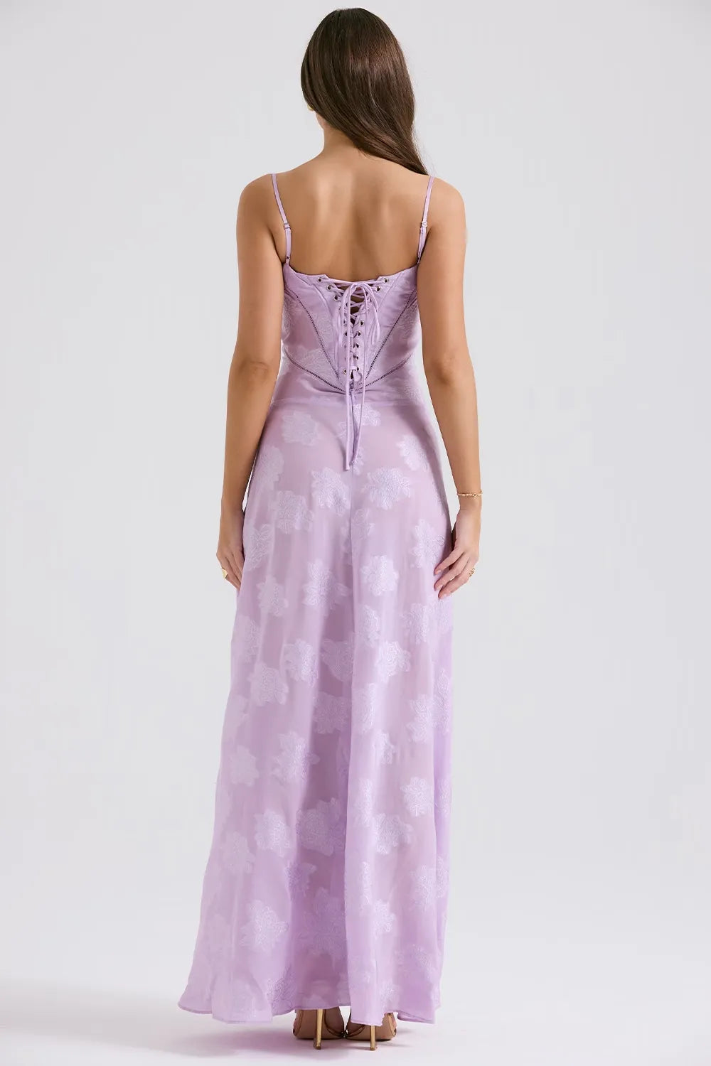 Women's Spaghetti Strap Lace-Up Back Maxi Dress, on model, detail view
