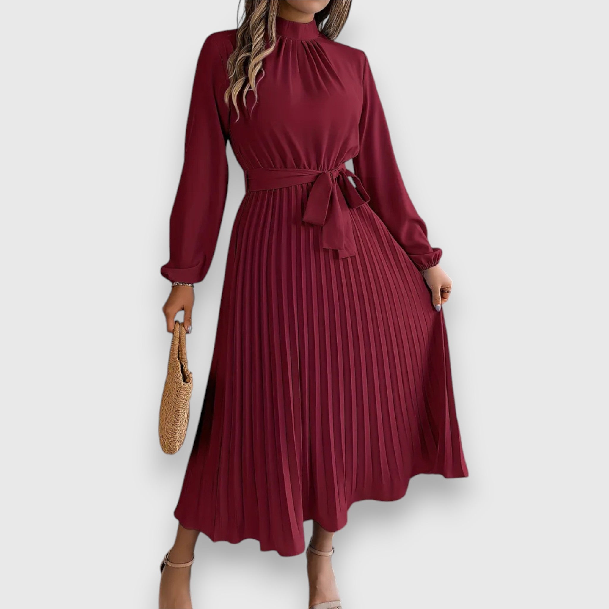 Women's Mock Neck Pleated Midi Dress with Tie Belt in Red, on model