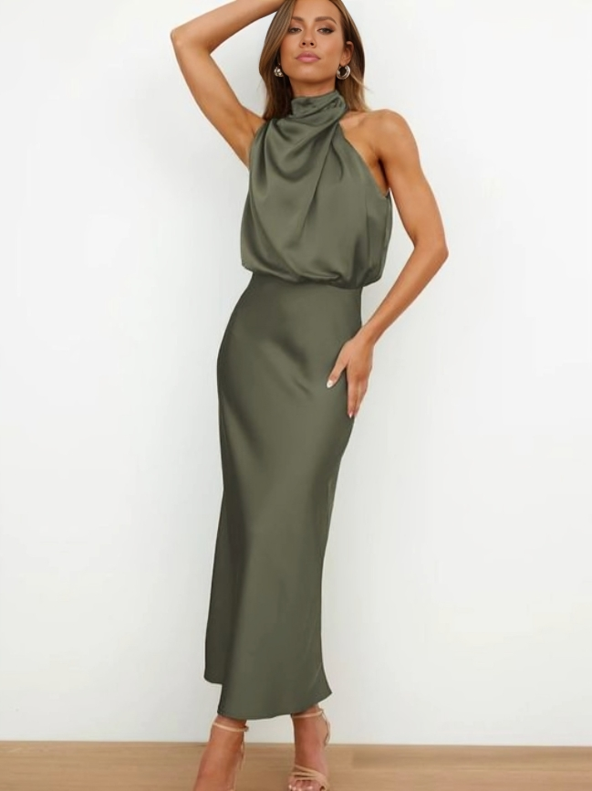 Women's Sleeveless Satin Halter Neck Midi Dress, styled on model