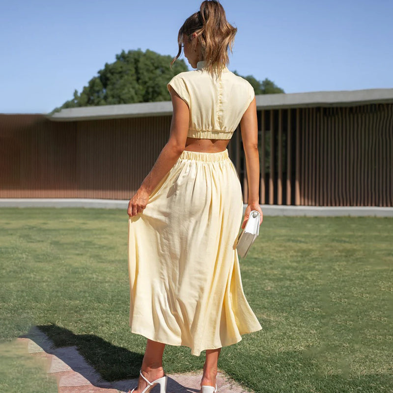 Women's Mock Neck Cap Sleeve Cutout Midi Dress, styled on model, full length