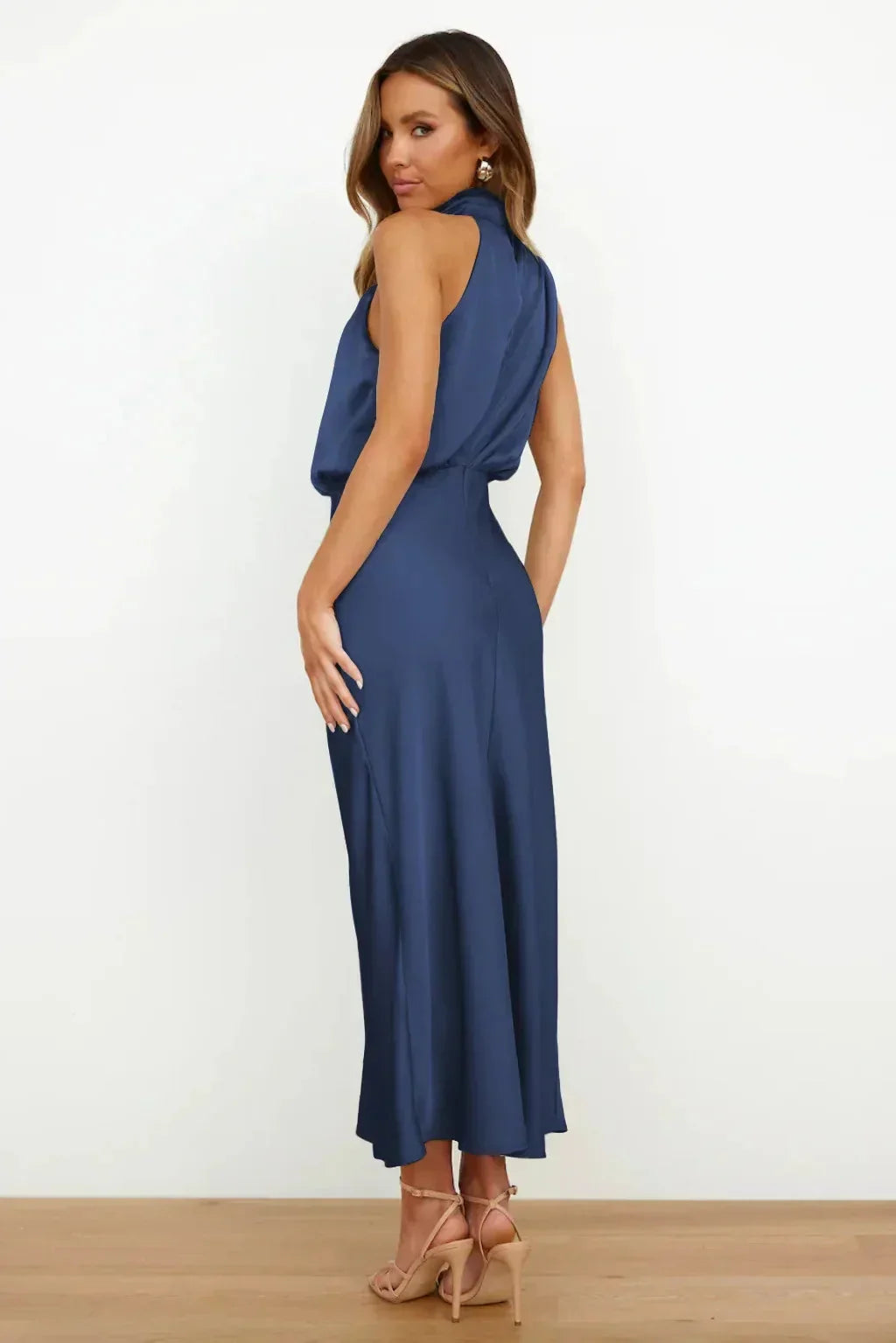 Women's Sleeveless Satin Halter Neck Midi Dress, on model, detail view