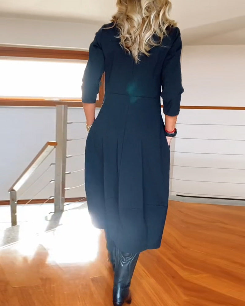 Women's Zip Front 3/4 Sleeve Midi Dress with Pockets, styled on model, full length