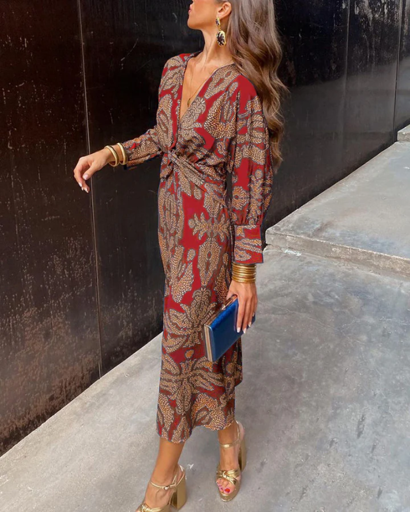 Women's Paisley Print Long Sleeve Twist Front Maxi Dress, styled on model