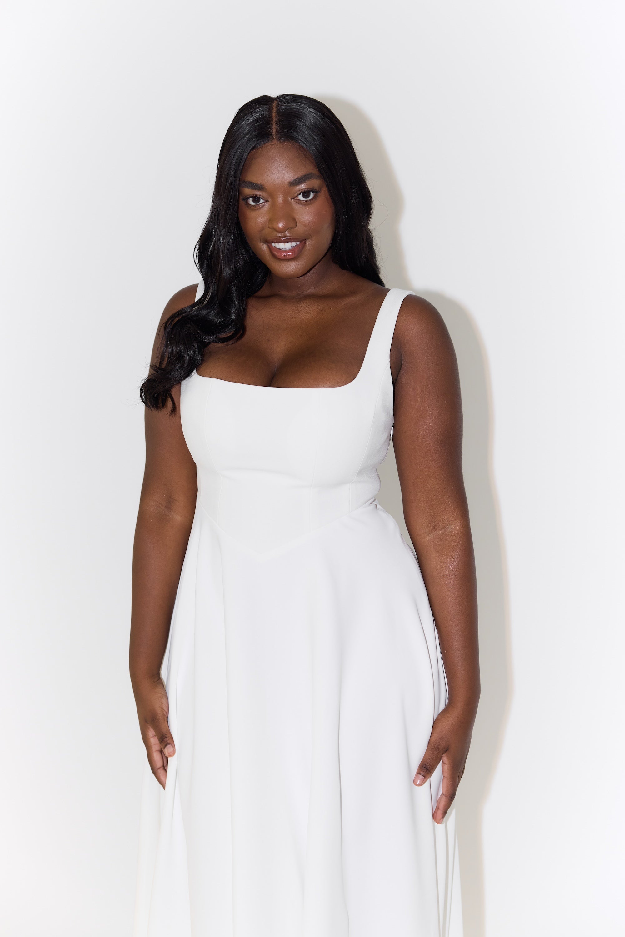 Women's Square Neck Sleeveless Fit and Flare Midi Dress, on model, alternate angle
