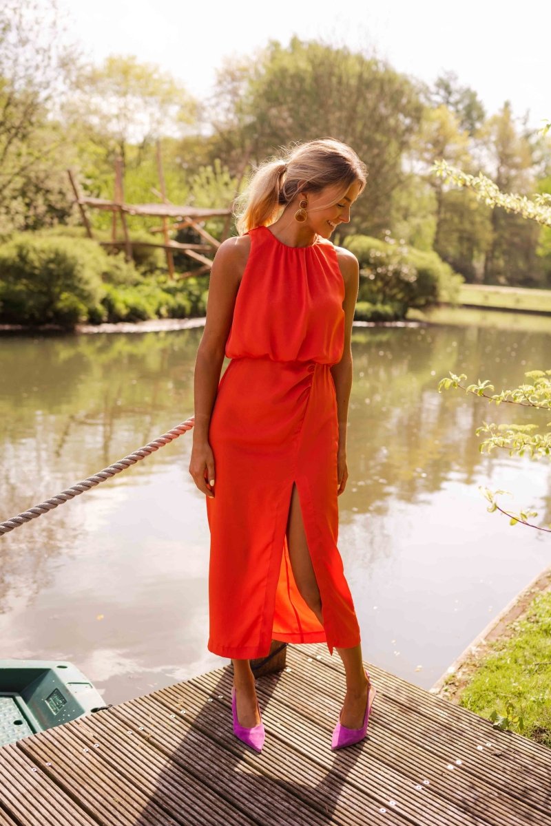 Women's Halter Neck Midi Dress with Front Slit, on model, detail view