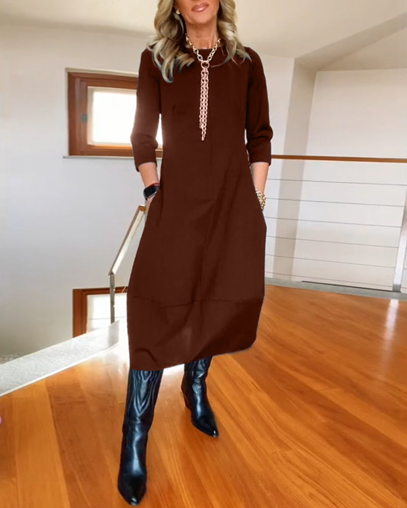 Women's Zip Front 3/4 Sleeve Midi Dress with Pockets in Brown, on model