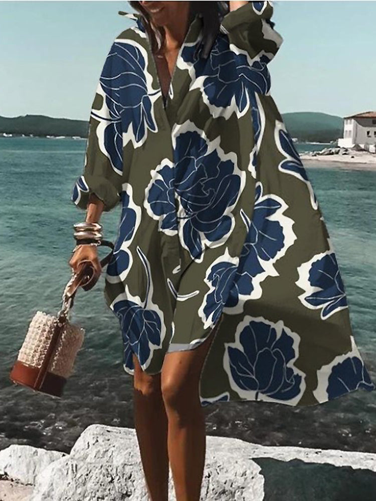 Women's Printed Long Sleeve Loose Fit Midi Shirt Dress in Gray, on model