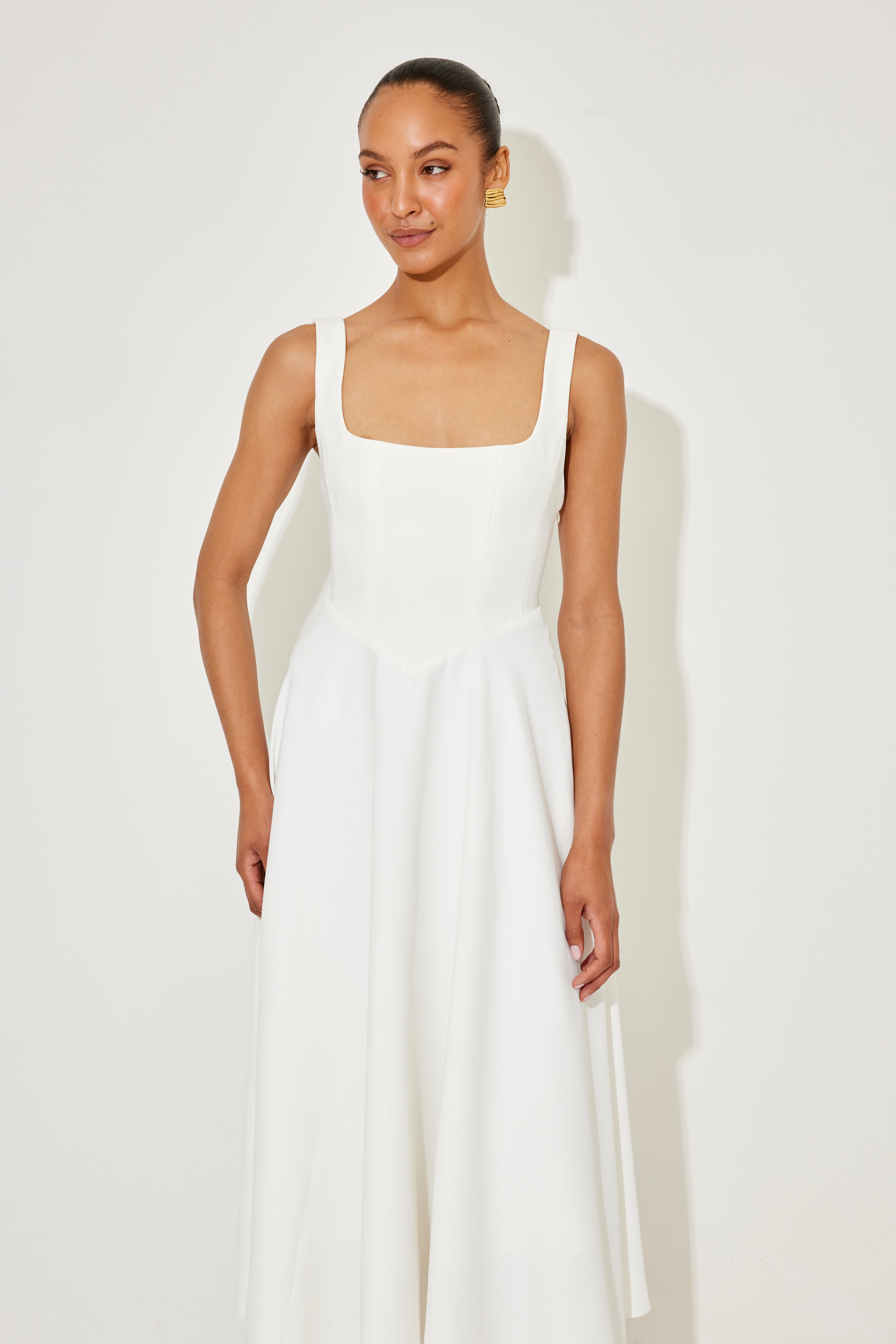 Women's Square Neck Sleeveless Fit and Flare Midi Dress, styled on model, full length