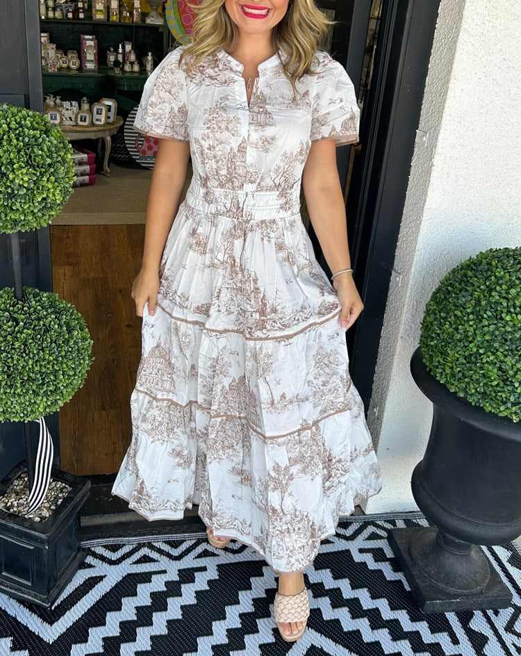 Women's Printed Short Sleeve Tiered Maxi Dress, styled on model