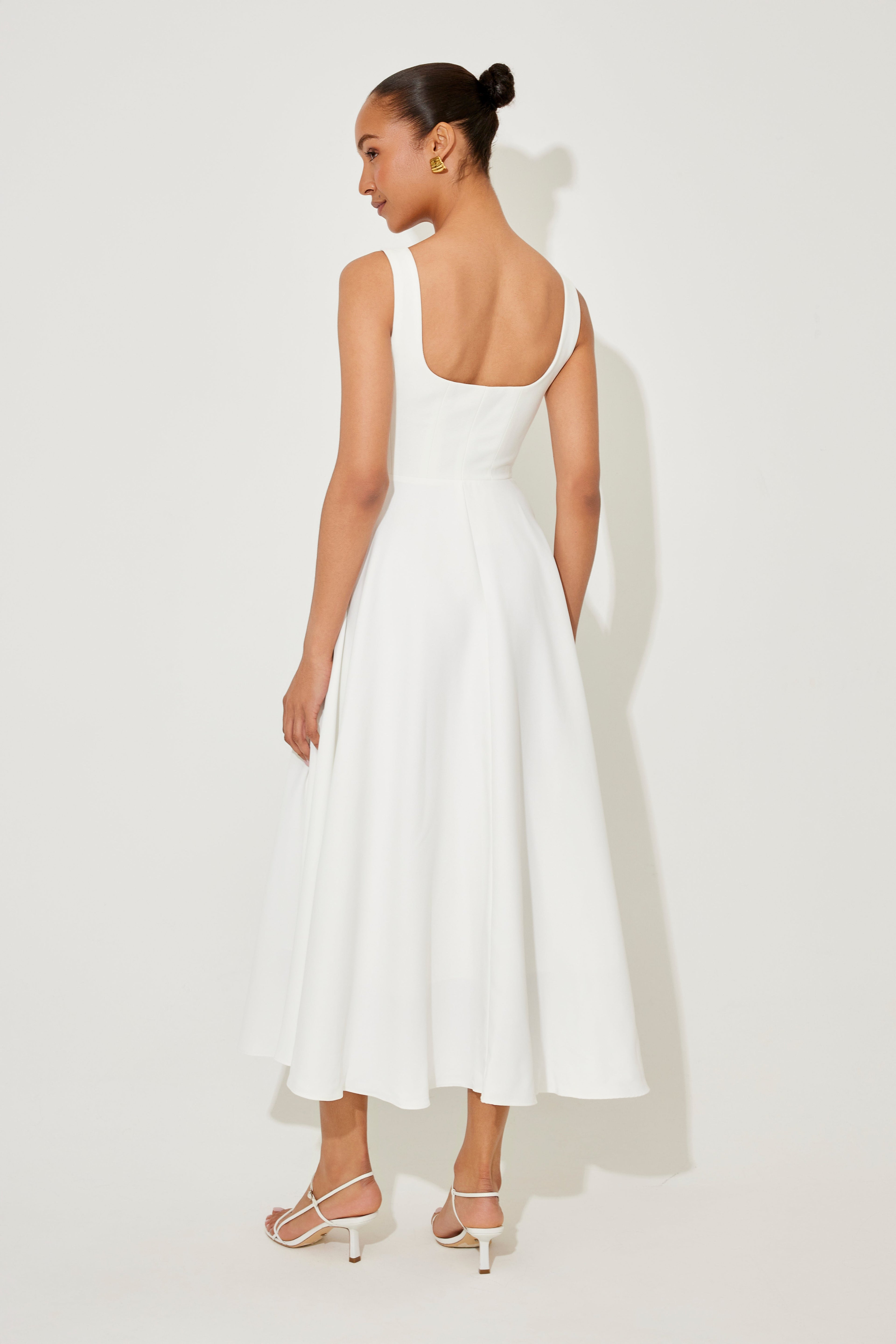 Women's Square Neck Sleeveless Fit and Flare Midi Dress, on model, detail view