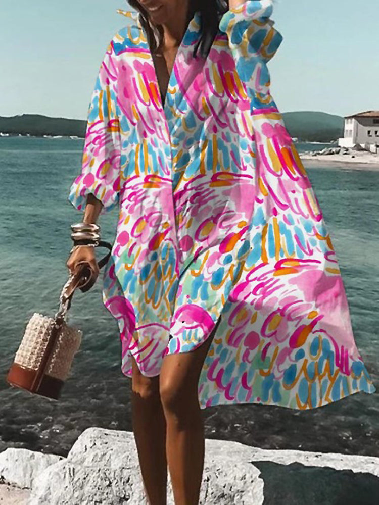 Women's Printed Long Sleeve Loose Fit Midi Shirt Dress in Pink, on model