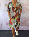 Women's multicolor printed V-neck shift dress with short sleeves and side pockets