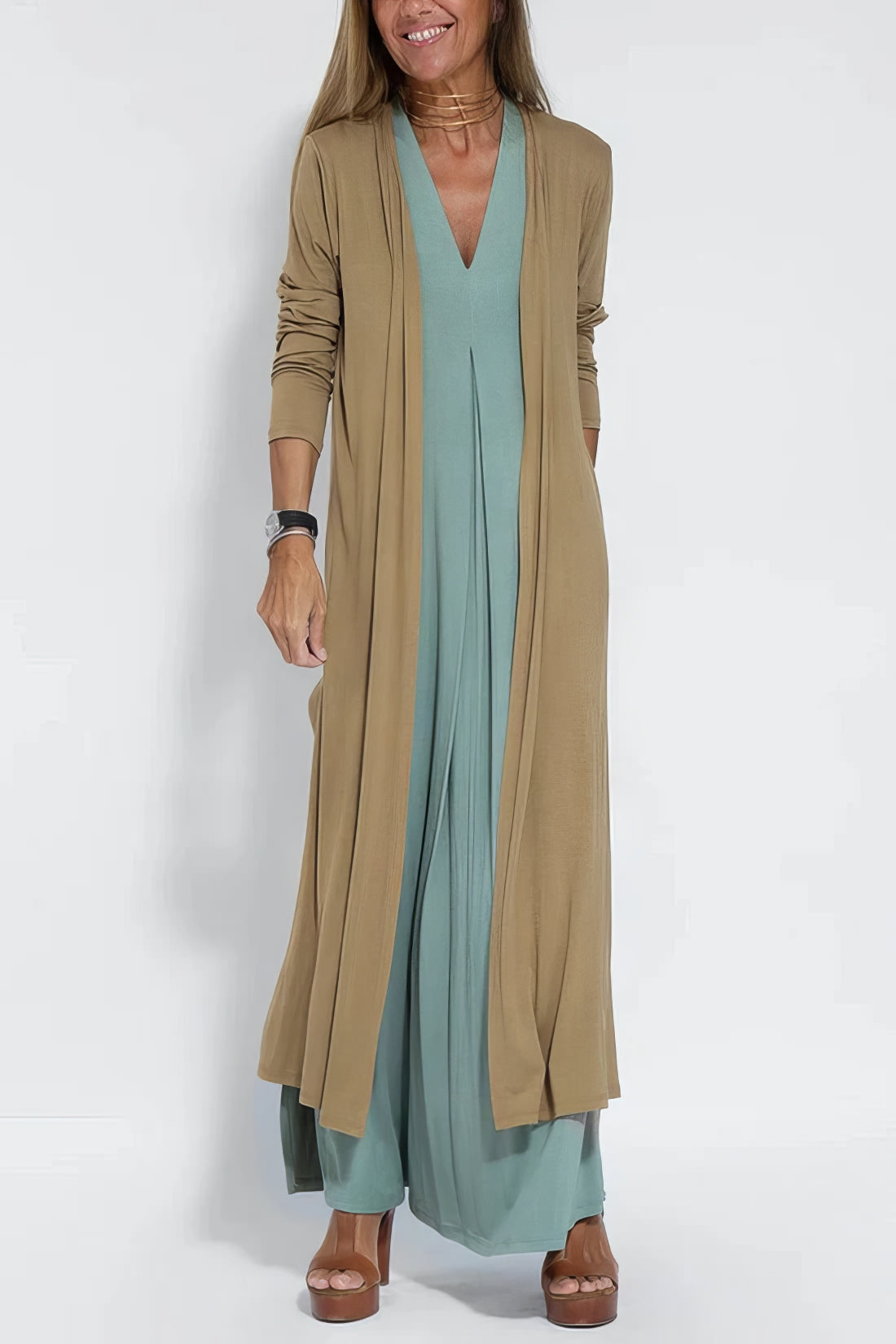 Women's Sleeveless Draped V-Neck Flowy Maxi Dress, on model, alternate angle