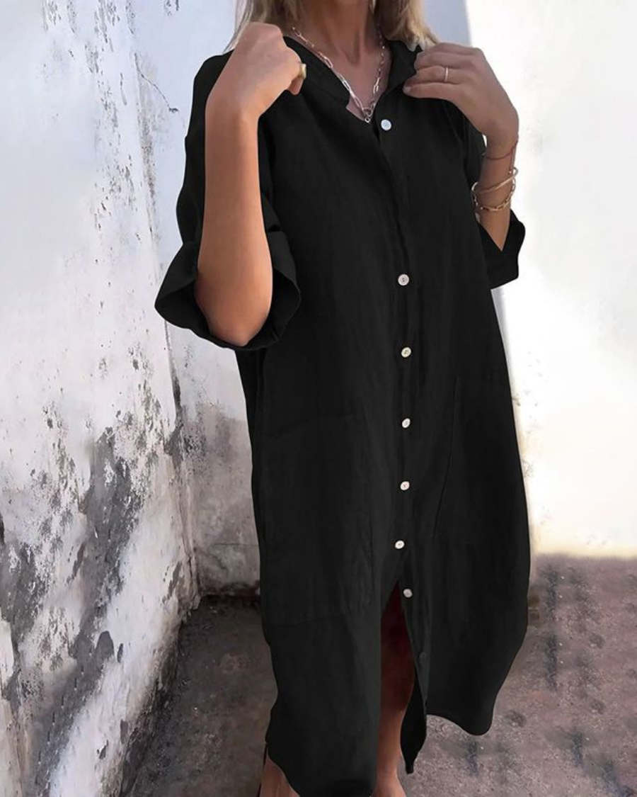 Women's oversized button-front midi shirt dress in black