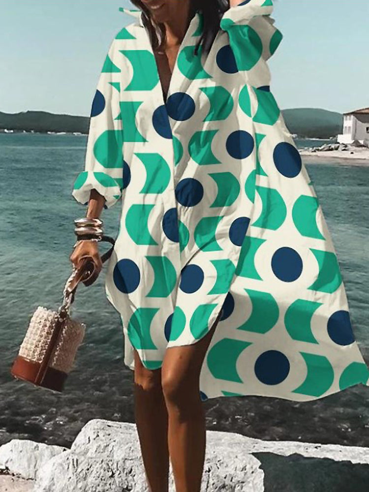 Women's Printed Long Sleeve Loose Fit Midi Shirt Dress in Green, on model