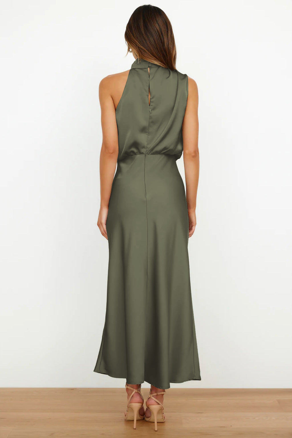 Women's Sleeveless Satin Halter Neck Midi Dress, on model, alternate angle