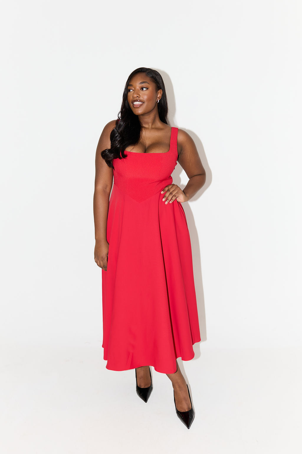Women's Square Neck Sleeveless Fit and Flare Midi Dress, on model, detail view