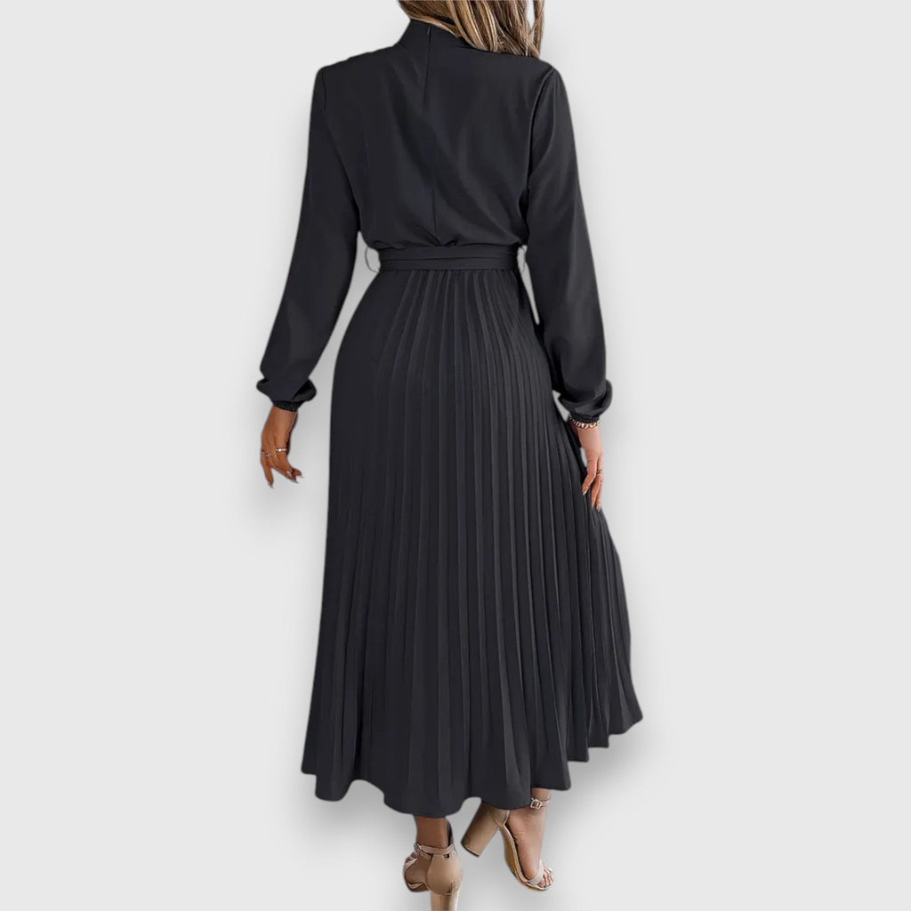 Women's Mock Neck Pleated Midi Dress with Tie Belt, styled on model