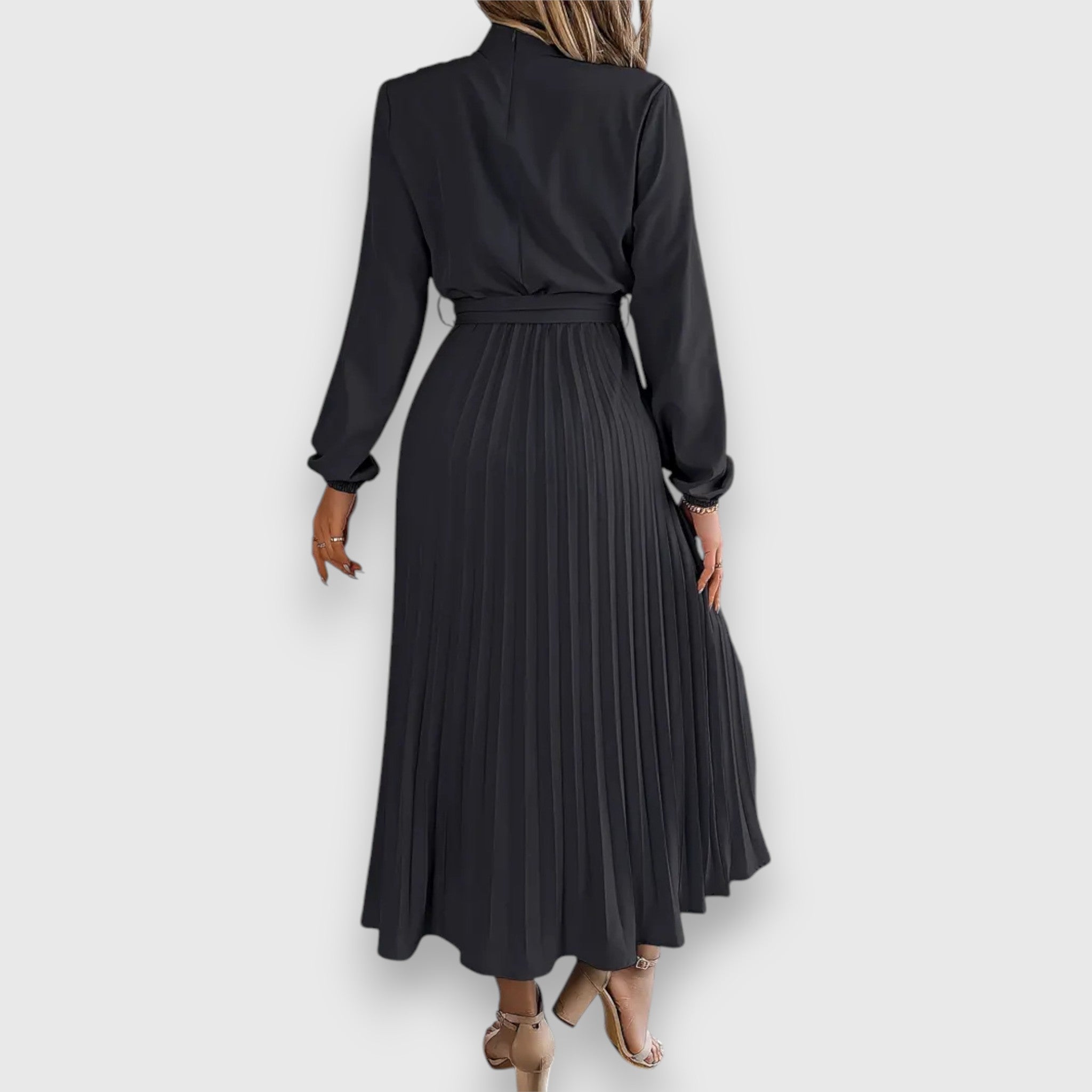 Women's Mock Neck Pleated Midi Dress with Tie Belt, styled on model
