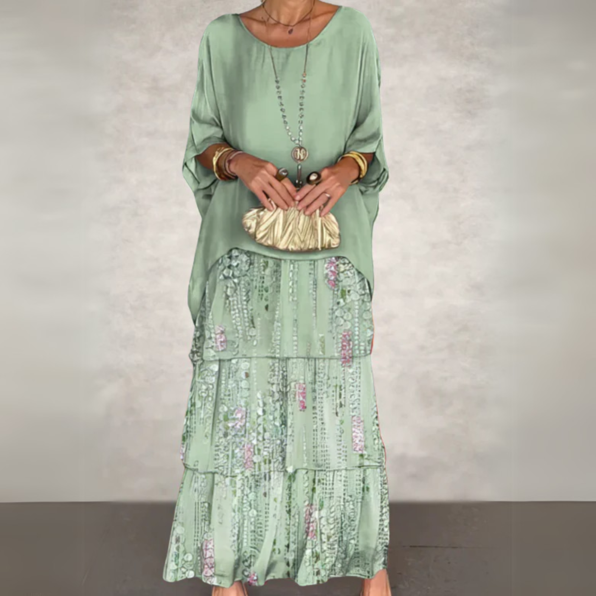 Women's Batwing Sleeve Loose Fit Tiered Maxi Dress in Faded Green, on model
