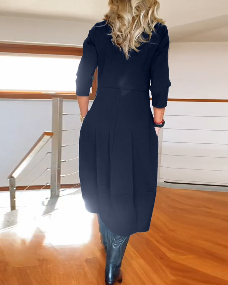 Women's Zip Front 3/4 Sleeve Midi Dress with Pockets, on model, detail view